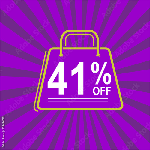 41% off. Purple, white and yellow banner with forty one percent discount. Shopping bag concept
