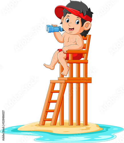 The safeguard boy is watching on beach area to see around