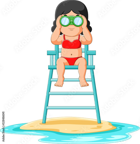 The safeguard girl is looking someone on telescope while sitting