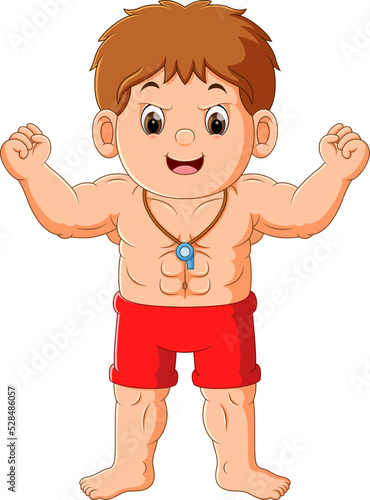 The coast guard boy with the muscular body is standing beside the beach