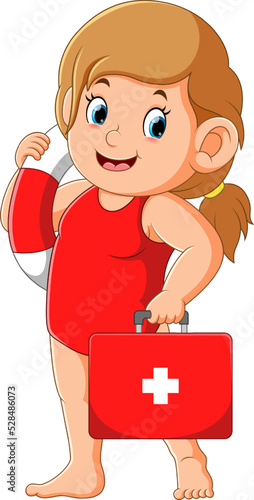 The women is holding the medical suit and the swimming tire