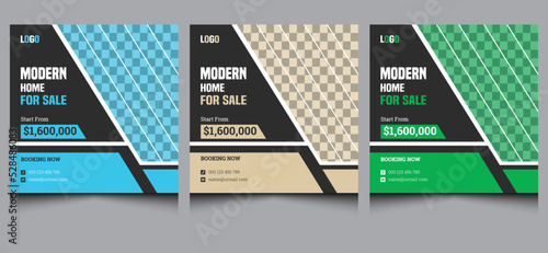 Elegant clean creative modern professional web banner square real estate home sale construction company flat advertising business Instagram social media post template design black blue green color. 