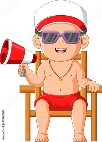 The coast guard boy is looking the visitor and sitting on the chair with the toa