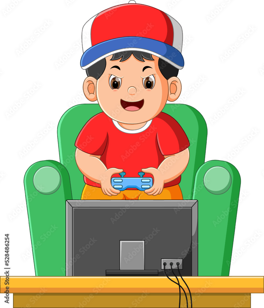 The cute boy is playing the game on the play station and control with the joystick The cute boy is playing the game on the play station and control with the joystick