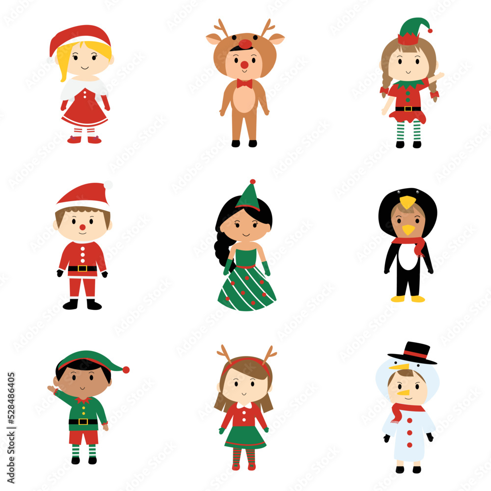 cute children cartoon with Christmas costume clipart element for decoration