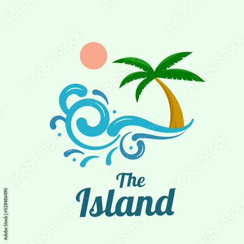 Traveling, travel, beach and palm trees on island with wave, logo template. Journey, recreation and vacation at resort and tropical islands, vector design, nature illustration