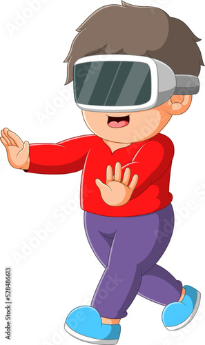 The boy is playing with virtual reality and moving forward