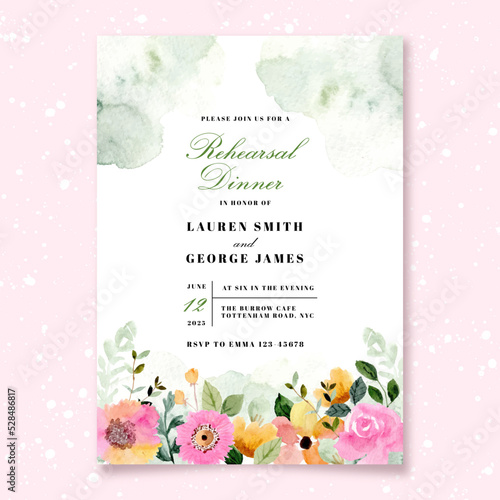 rehearsal dinner invitation with yellow pink floral watercolor