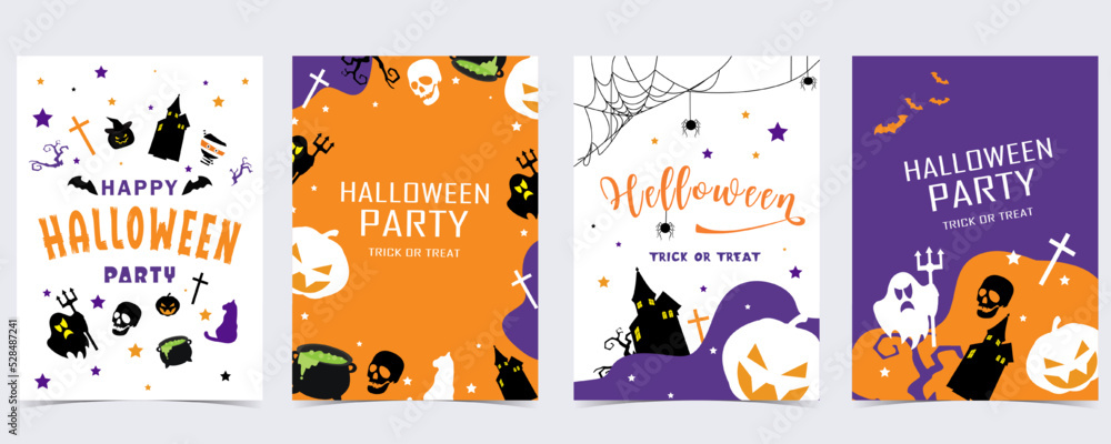 Party halloween postcard with web, spider, bat,pumpkin,house, skeleton