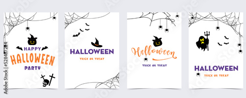 Party halloween postcard with web, spider, bat,pumpkin,house, skeleton