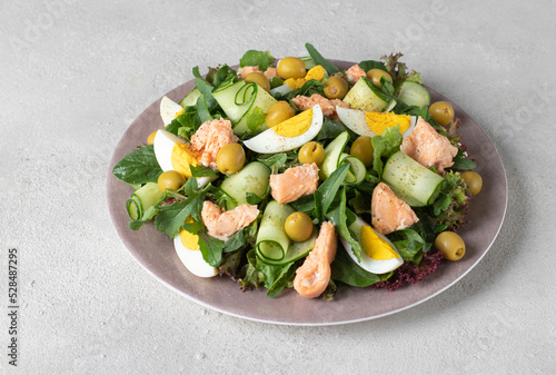 Salad with canned salmon, egg, cucumber, olives and arugula on round plate on gray background