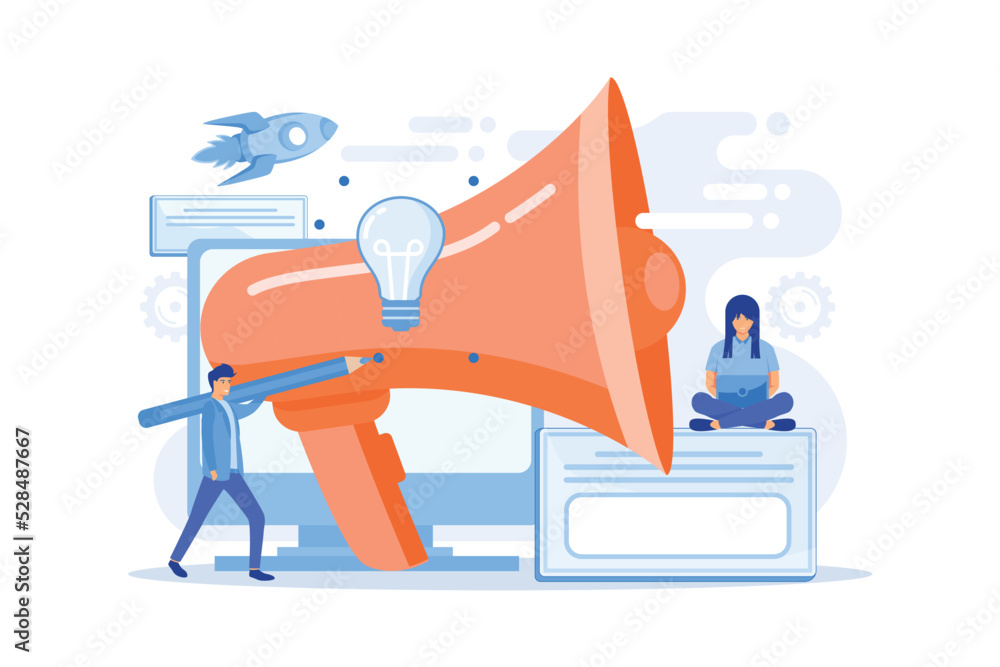 Designers work on new brand and big megaphone. Brand identity and logo, business card, advertisement and graphic design concept on white background. flat vector modern illustration Designers work on new brand and big megaphone. Brand identity and logo, business card, advertisement and graphic design concept on white background. flat vector modern illustration
