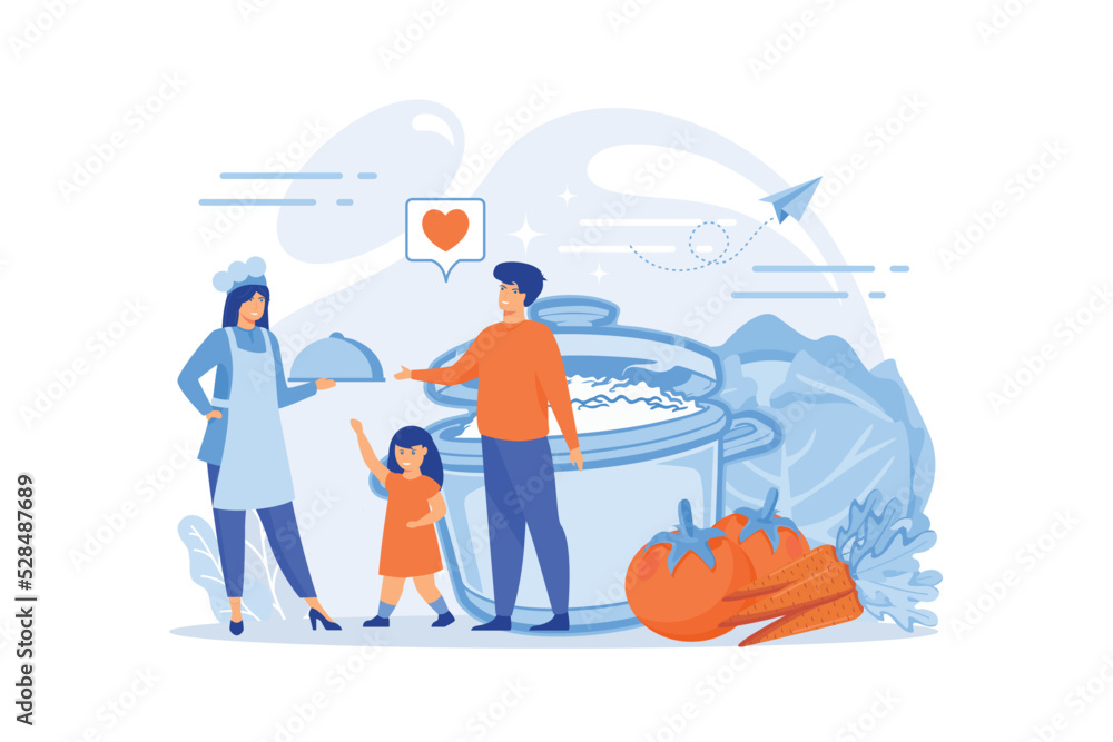 Obraz premium Tiny people family waiting for wife in apron cook tasty food and big pot, vegetables. Home cooking, home foods recipes, family time activity concept.flat vector modern illustration