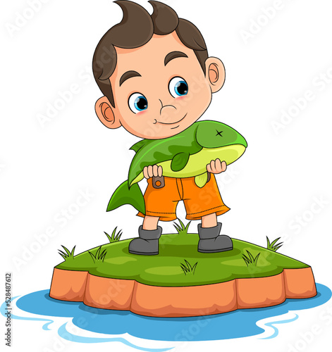The little boy is showing that he is got the medium fish in the river while fishing