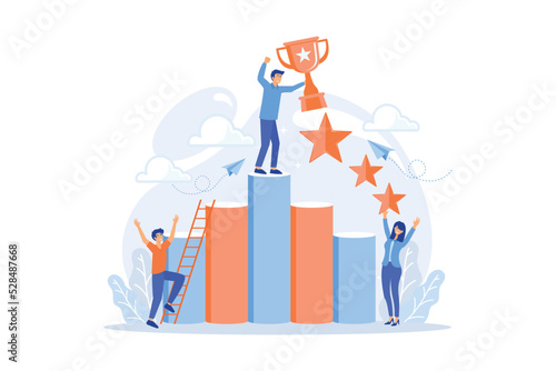 Businessman holds a cup on top of column graph. Key to success and success story, business chance, on the way to success concept on white background.flat vector modern illustration