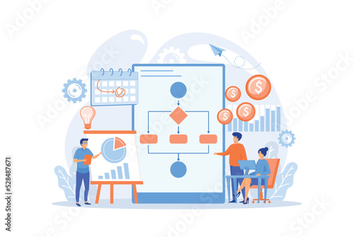 Businessmen work with improvement diagrams and charts. Business process management, business process visualization, IT business analysis concept.flat vector modern illustration