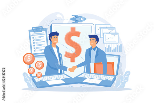 Demand analysts shaking hands from laptops screens and planning future demand. Demand planning, demand analytics, digital sales forecast concept.flat vector modern illustration