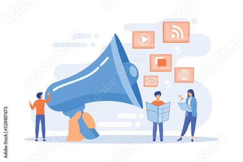 Tiny peple, marketing manager with megaphone and push advertising. Push advertising, traditional marketing strategy, interruption marketing concept.flat vector modern illustration