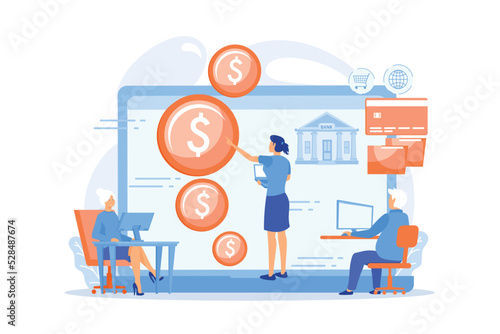Financial consultant calculating pensioners fund. Financial literacy of retirees, retirement planning courses, retirement income control concept.flat vector modern illustration