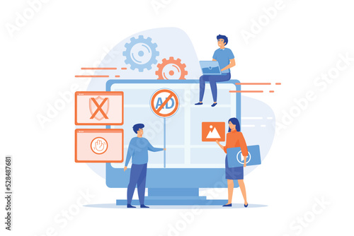 Programmer developing anti virus program. Banned Internet content. Ad blocking software, removing online advertising, ad filtering tools concept.flat vector modern illustration