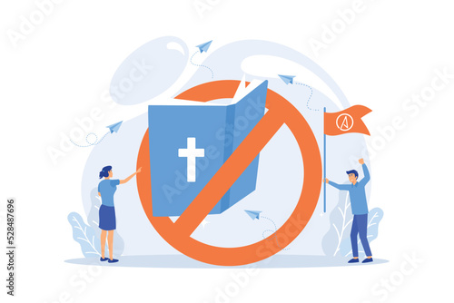 Tiny people atheists against religion and Bible prohibited sign. Atheistic worldview, absence of belief in deities, religious skepticism concept.flat vector modern illustration photo