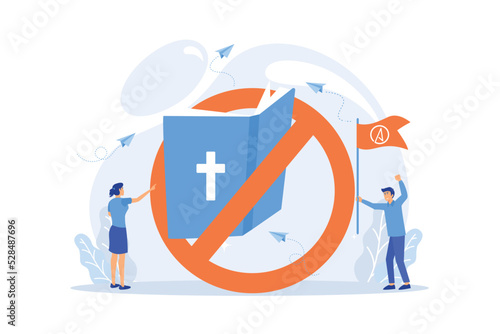 Tiny people atheists against religion and Bible prohibited sign. Atheistic worldview, absence of belief in deities, religious skepticism concept.flat vector modern illustration