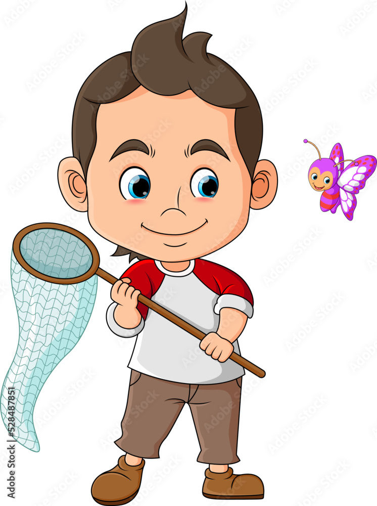 The handsome boy is ready to catch small butterfly and pose near to butterfly The handsome boy is ready to catch small butterfly and pose near to butterfly