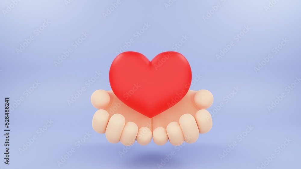 Cartoon human hands holding red heart. Abstract concept of love, hope, charity and healthcare. 3d render illustration Cartoon human hands holding red heart. Abstract concept of love, hope, charity and healthcare. 3d render illustration