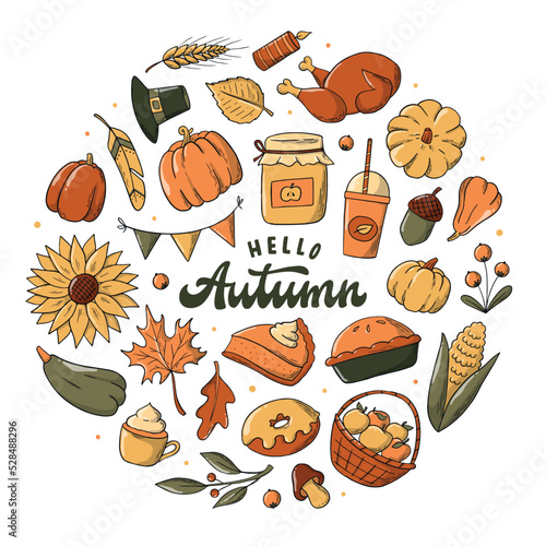 Hello Autumn lettering quote decorated with seasonal doodles, clipart. Good for cards, posters, prints, stickers, banners, invitations, etc. Thanksgiving, harvest theme. EPS 10