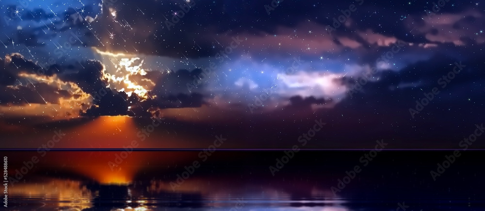 Fototapeta premium dramatic starry night at sea star fall water reflection on horizon dark bright lilac blue background banner template