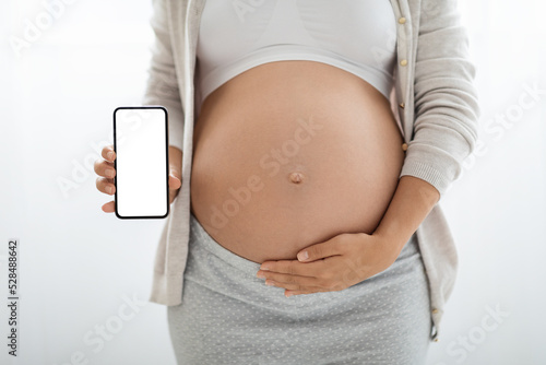 Cropped of expecting woman showing mobile phone with empty screen