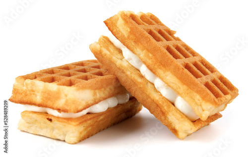 Viennese waffles with cream isolated on white background.