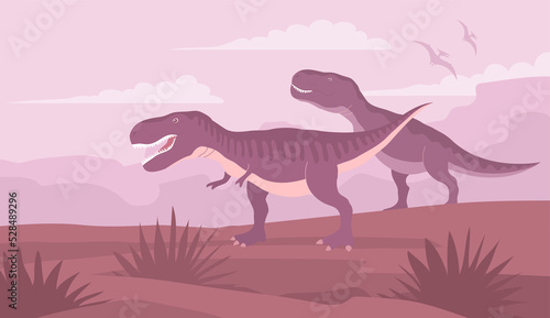 Big dinosaur tyrannosaurus rex of the Jurassic period. Two predators on the hunt. Carnivorous lizard. Prehistoric strong hunter. Wild landscape. Cartoon illustration