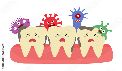 Caries tooth with bacteria cartoon character in flat design. Dental cavity problem.