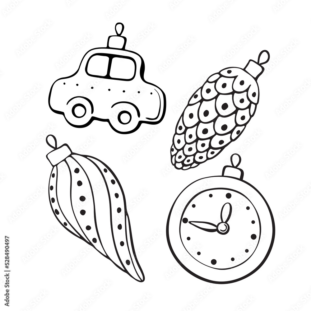 Set of vector contoured glass toys, decorations for xmas tree, doodle style. Clipart for Merry Christmas and New Year Set of vector contoured glass toys, decorations for xmas tree, doodle style. Clipart for Merry Christmas and New Year