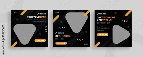 Set of editable templates for Instagram post, Facebook square, gym, sport, workout, fitness, advertisement, fresh design with black yellow colour and minimalist vector (3/3)