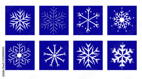 Grunge brush stroke snowflakes, free hand, vector, isolated