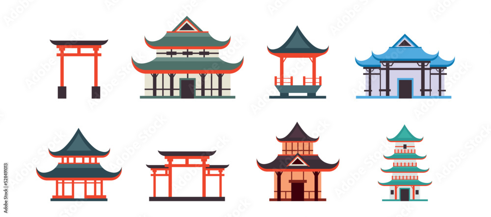 Set of colorful Asian houses in cartoon style. Vector illustration of old Chinese and Japanese houses, temples and arches on white background.
