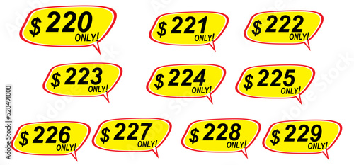 Sale tags collection from 220% to 229%, two hundred and twenty to two hundred and twenty nine only, vector illustration.