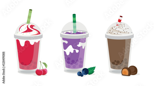 Set of colorful milkshakes in cartoon style. Vector illustration of summer refreshing drinks with cherries, blueberries and chocolate on white background.