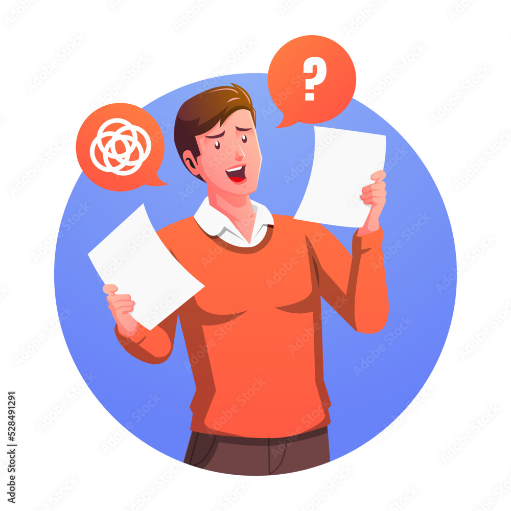 Confused and stressed office worker looking at work documents Confused and stressed office worker looking at work documents