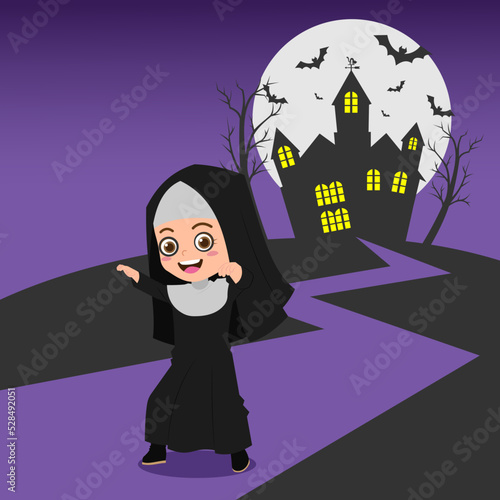 Cute Girl Wearing Nun Halloween Costume, Background in Separate Layers For Easy Editing