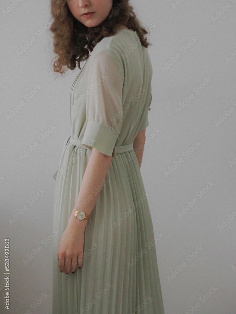 Φωτογραφία Side view of beautiful Caucasian brunette in Victorian style chiffon dress again