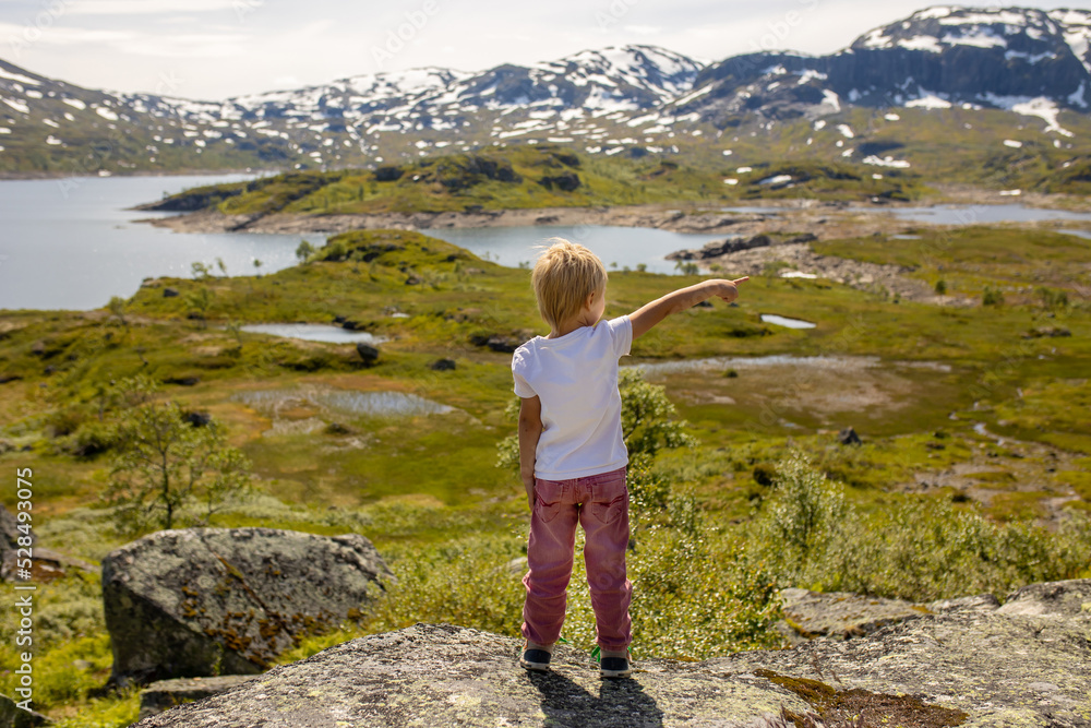 People, children enjoying the amazing views in Norway to fjords, mountains and other beautiful nature
