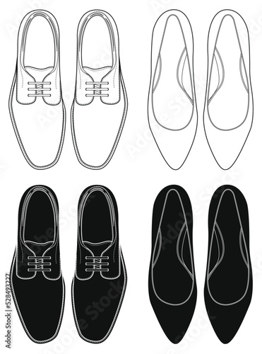 Layered editable vector illustration outlines of men's and women's dress shoes.