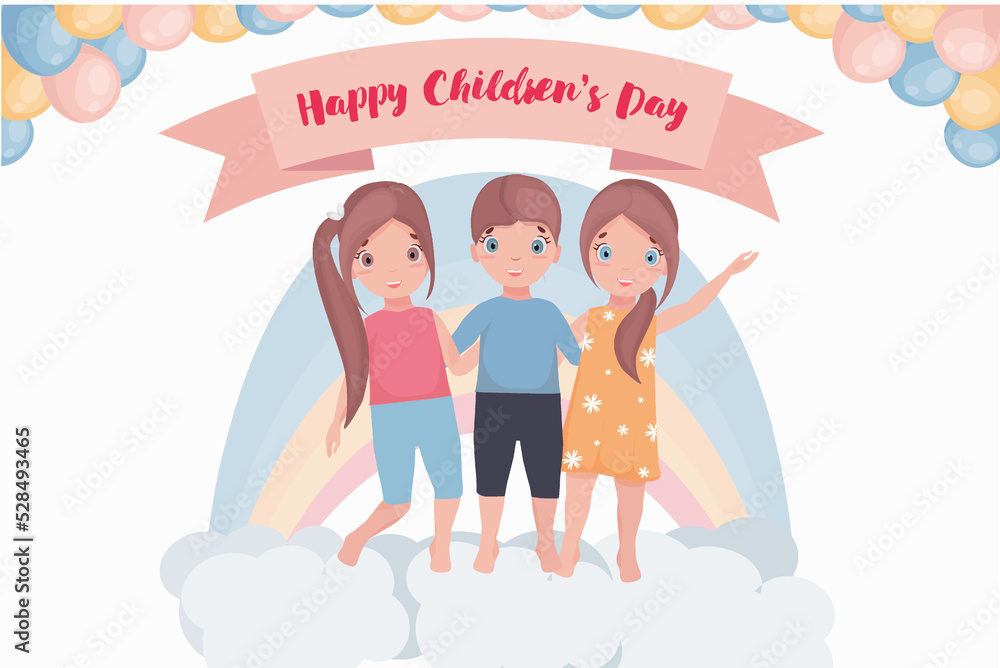 Fototapeta premium Children Protection Day. Happy children with balloons stand on the clouds under the rainbow.Baner or flyer ready for printing.Vector illustration