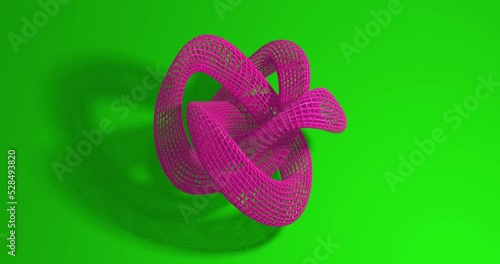 Animation of deformation of a knotted toroid. Pink toroid grid on a green background. Chromakey. 3d render.