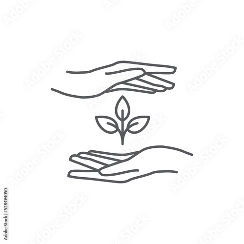 Hand and Plant icon design. plant leaf Pictogram. seed and hand linear logo. Tree in hand vector. Vector illustration