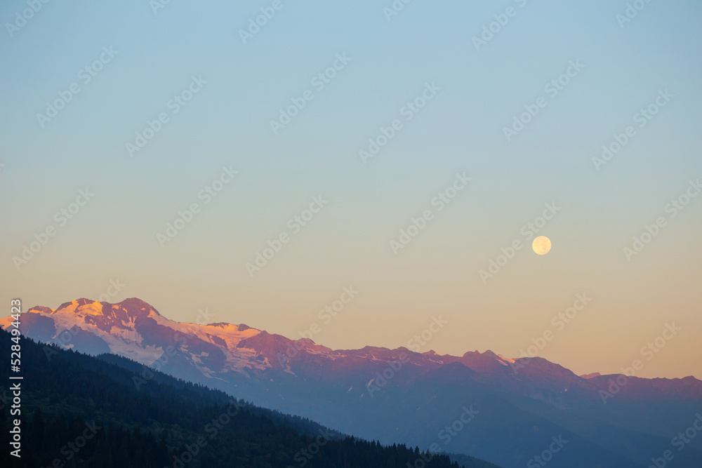 mountain landscape with moon on blue sky mountain landscape with moon on blue sky