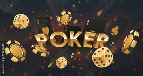 Photography Golden letters Poker with falling golden poker chips, tokens, dices, black playing cards on black background with gold lights, sparkles and bokeh